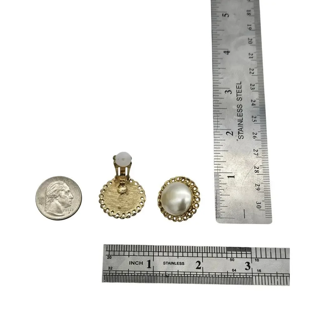 Vintage Coro Button Clip On Earrings Faux Pearl Gold Tone Filigree